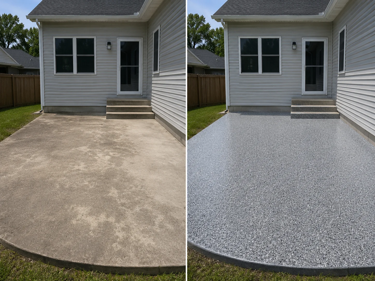 Le Claire Iowa outdoor patio before and after a decorative floor coating