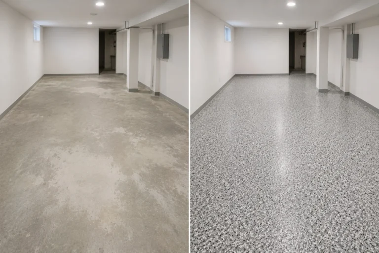 Nearby Lisbon basement with a white light gray charcoal and silver decorative flake epoxy floor
