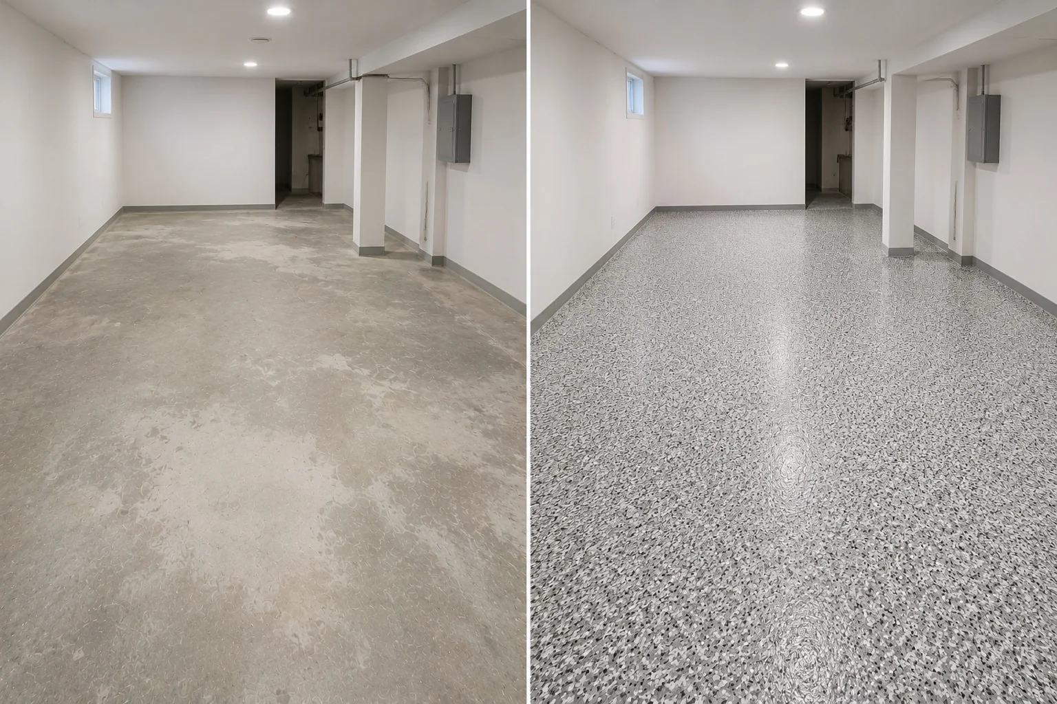 Lisbon Iowa basement with white light gray charcoal and silver decorative flake floor coating
