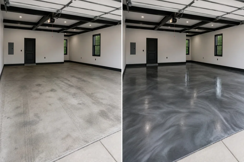 Metallic charcoal and smoky silver floor coating in Lowden Iowa