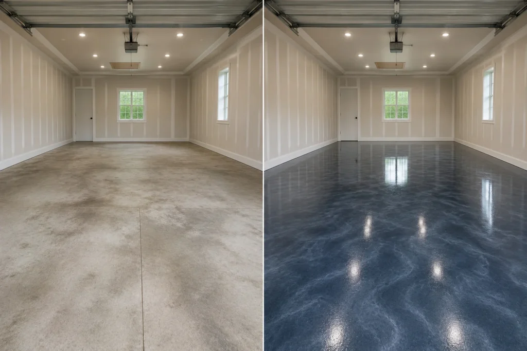 Marengo Iowa large shop floor finished with metallic blue gray epoxy