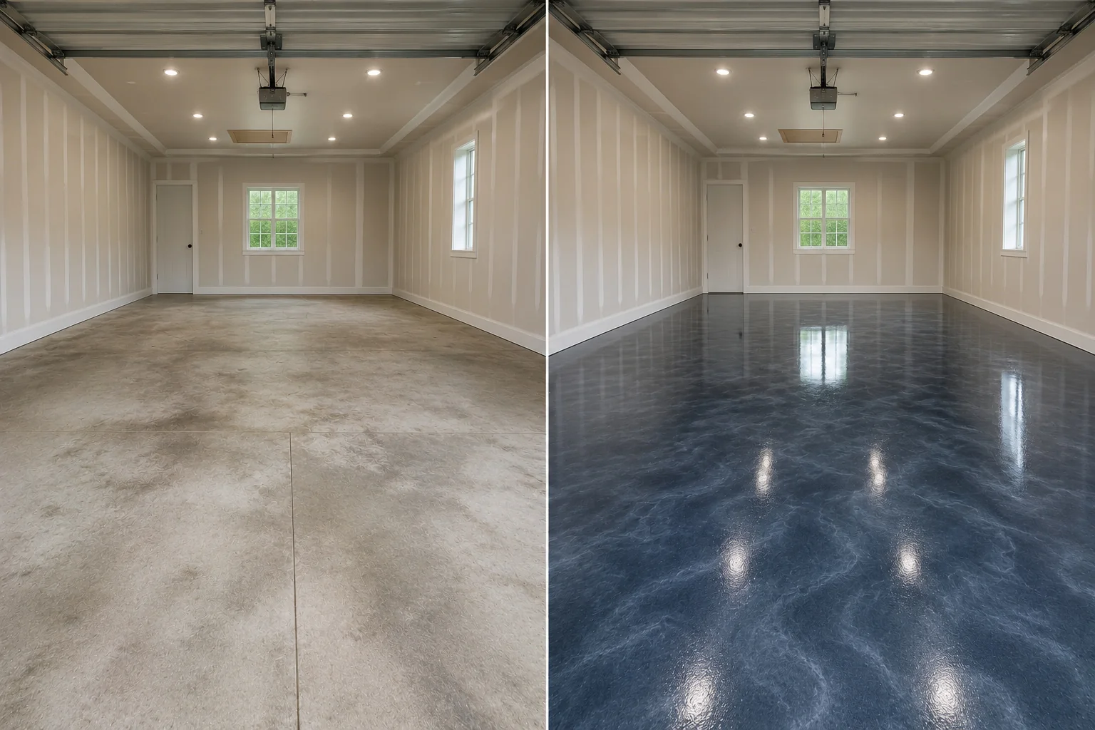 Metallic blue gray epoxy floor coating in a Marengo Iowa shop