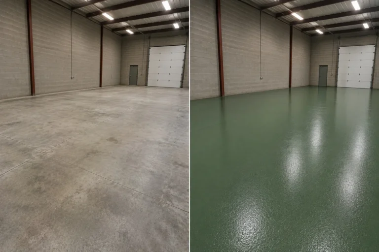 Solid industrial green equipment and maintenance shop floor in Marion Iowa