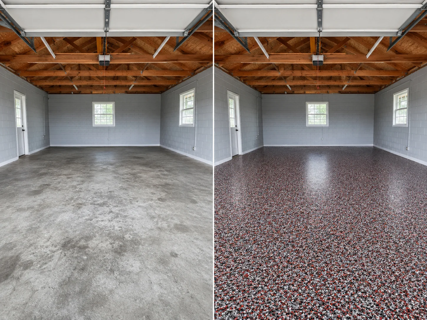 Nearby Eastern Iowa red black gray and white decorative flake working-floor coating representing Anamosa epoxy project options