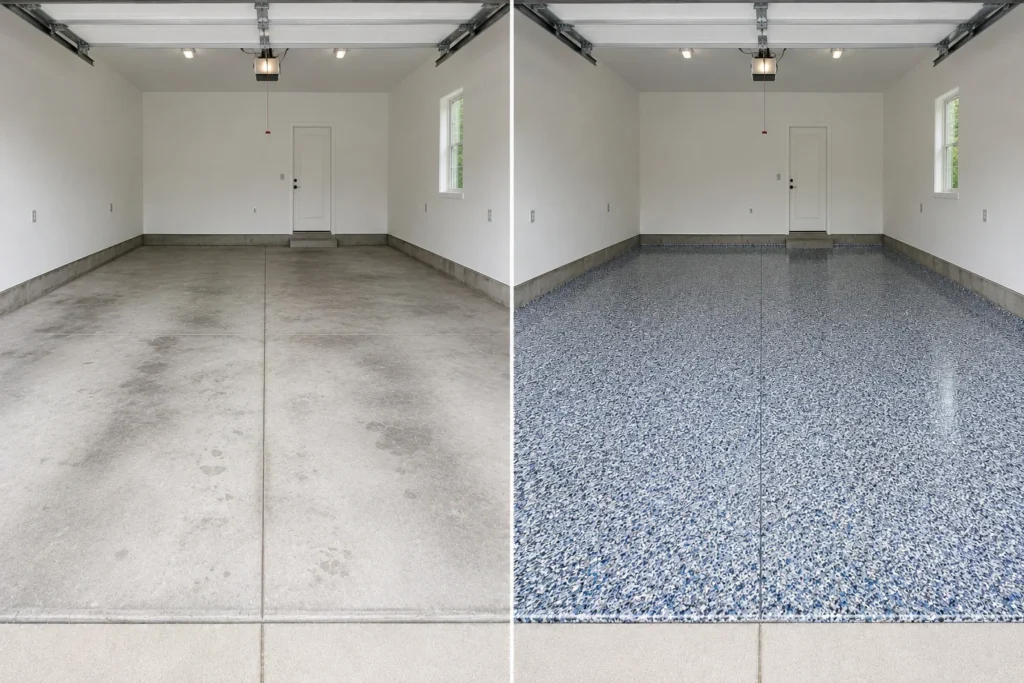 Blue white silver and light gray decorative flake floor coating in Monticello Iowa