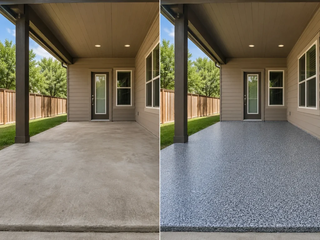 Covered concrete pad transformed with a blue gray and silver flake coating in Mount Vernon Iowa