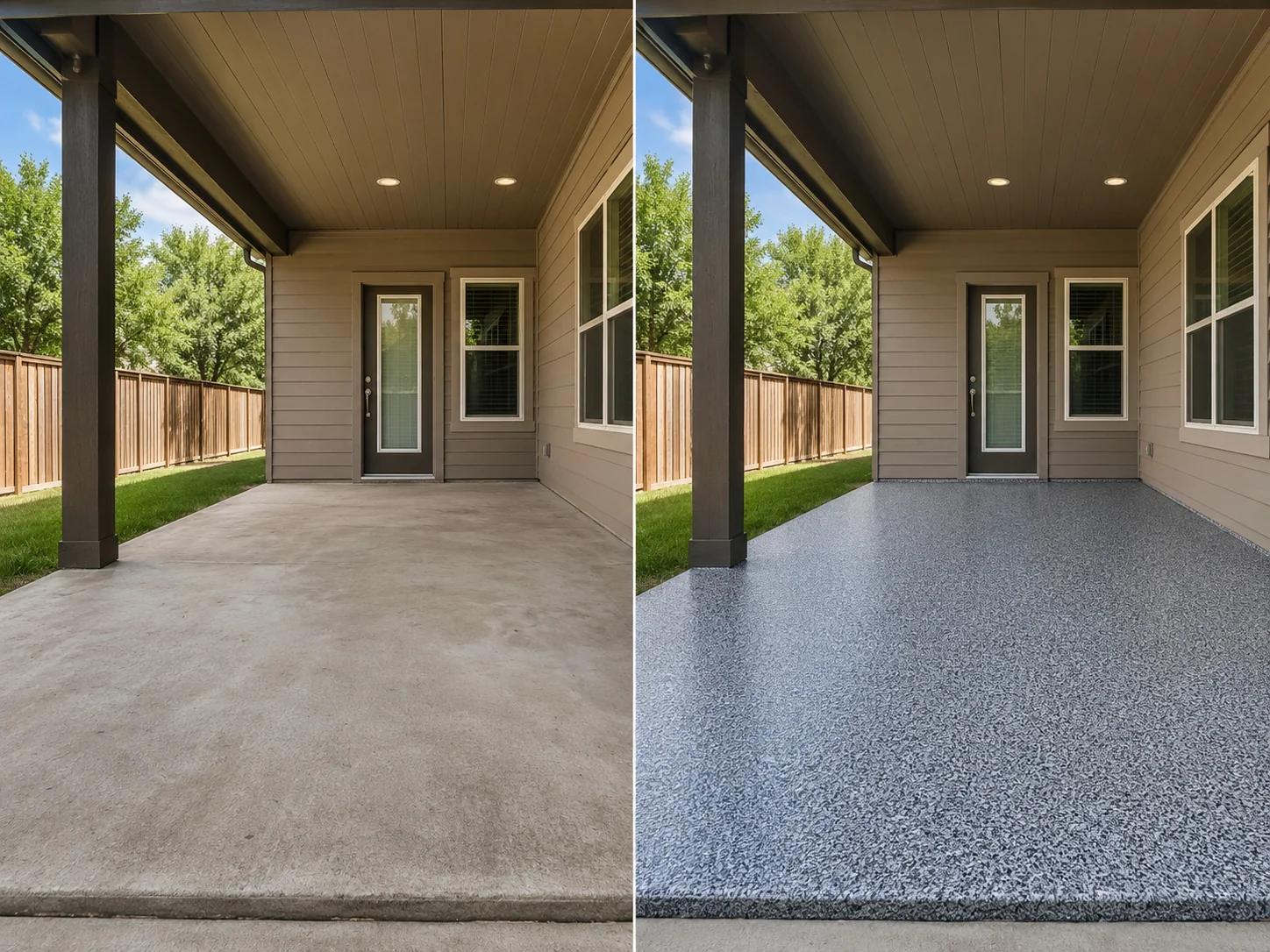 Defined covered exterior concrete slab finished with a blue gray and silver decorative flake coating in Mount Vernon Iowa