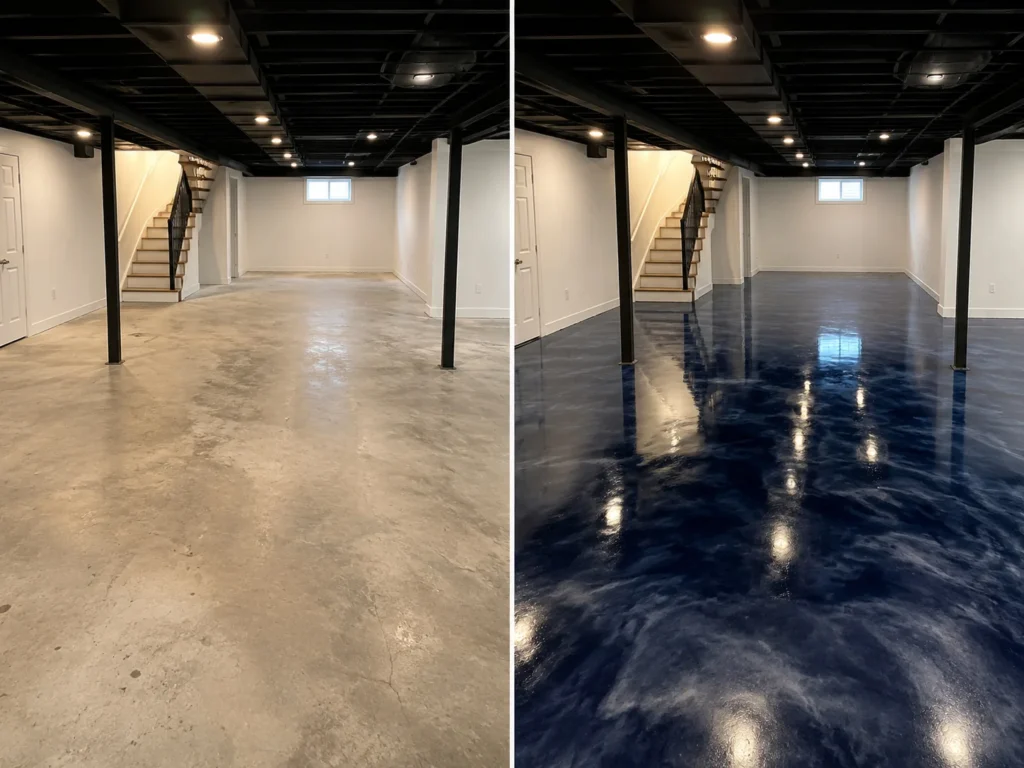 Navy blue and silver metallic basement epoxy floor coating in Palo Iowa