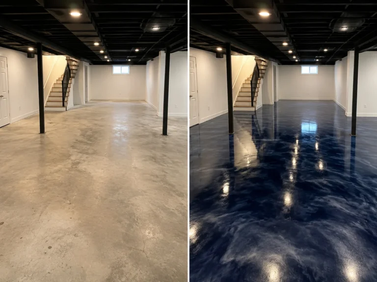 Navy blue and silver metallic basement epoxy floor coating in Palo Iowa