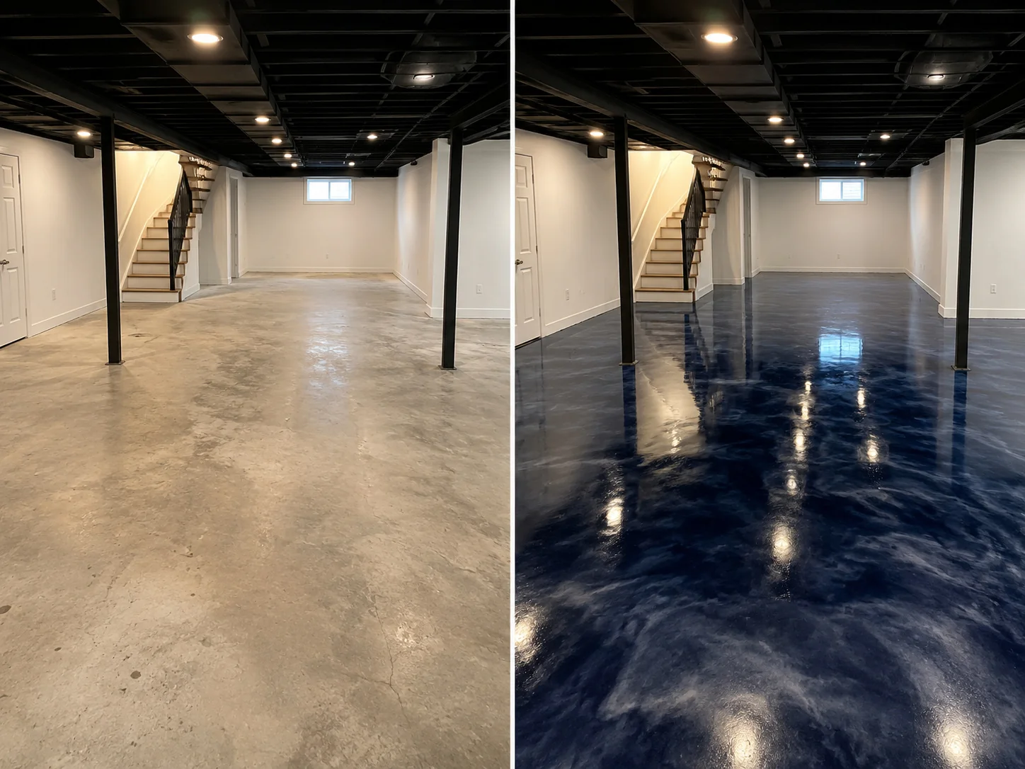 Navy blue and silver metallic basement epoxy floor coating in Palo Iowa