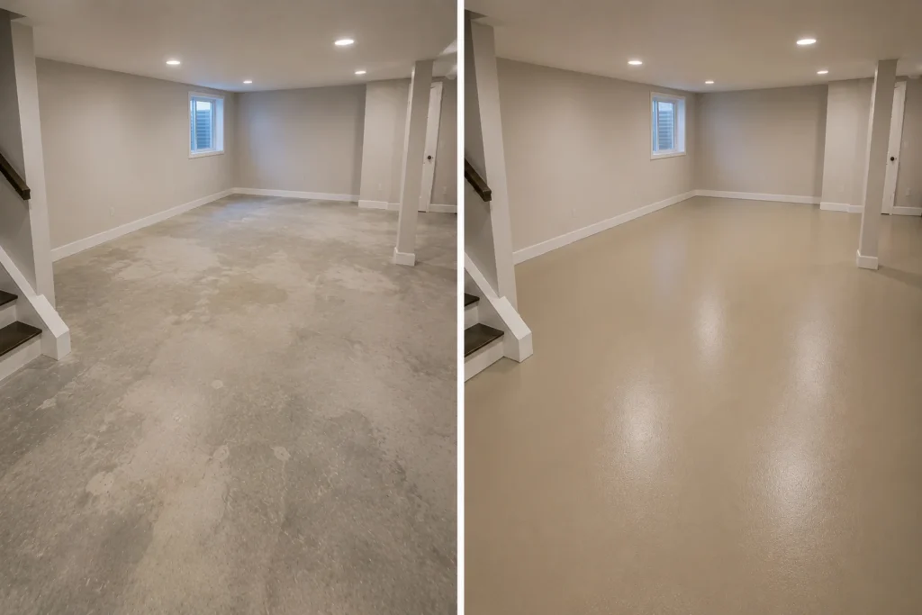 Tan Basement Floor Coating Before and After in Raymond, Iowa