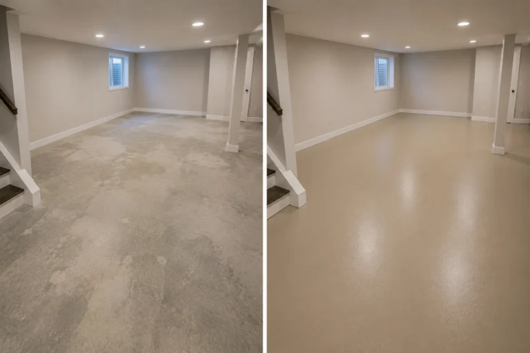 Tan Basement Floor Coating Before and After in Raymond, Iowa