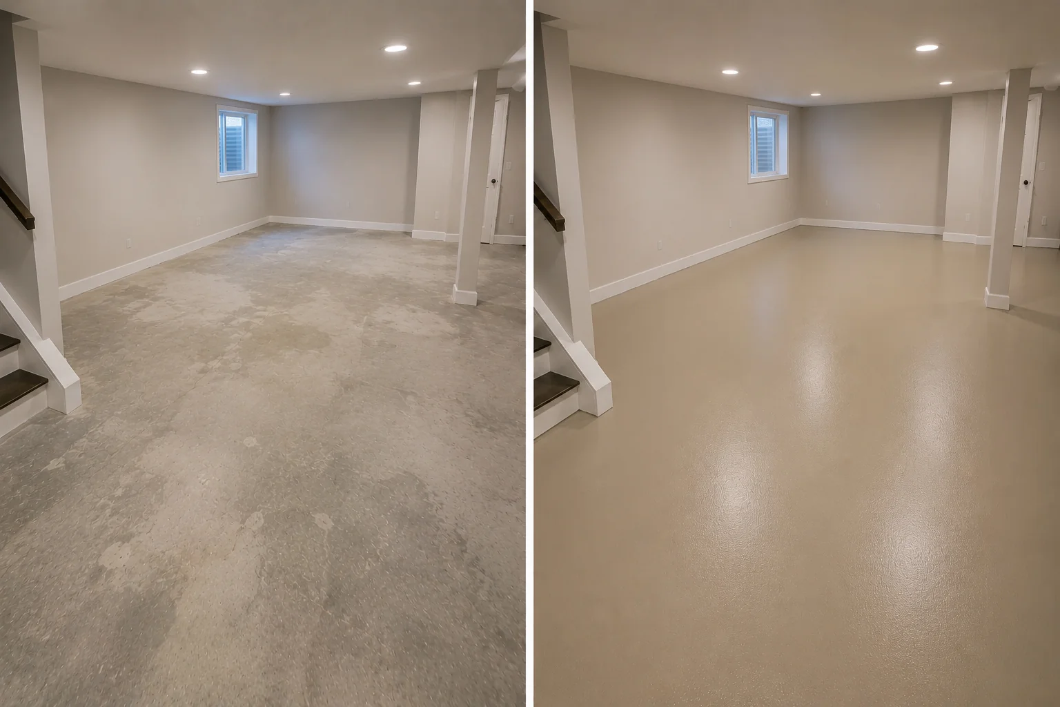 Tan basement floor coating before and after in Raymond Iowa