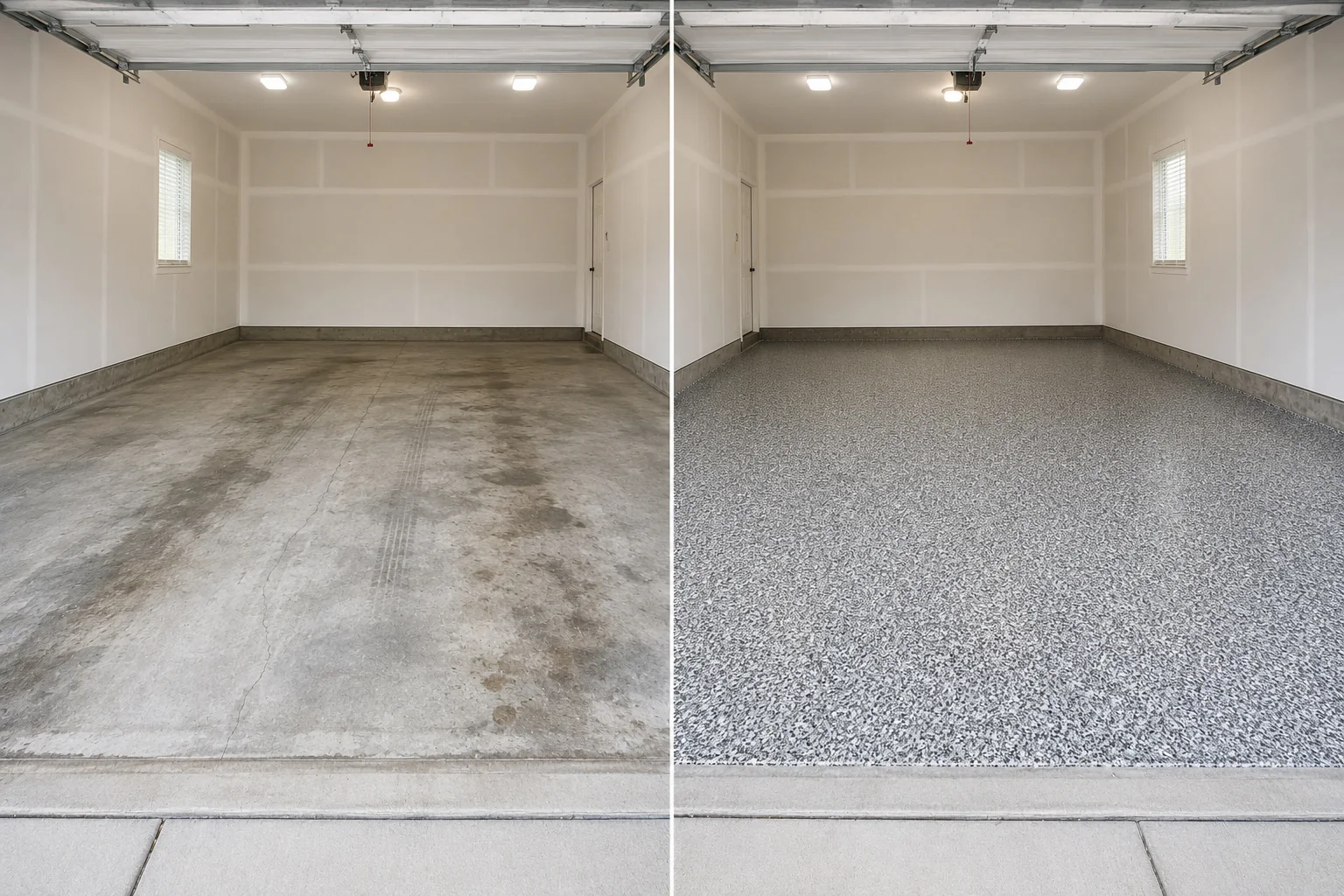 Riverside Iowa garage before and after a professionally prepared decorative flake floor system