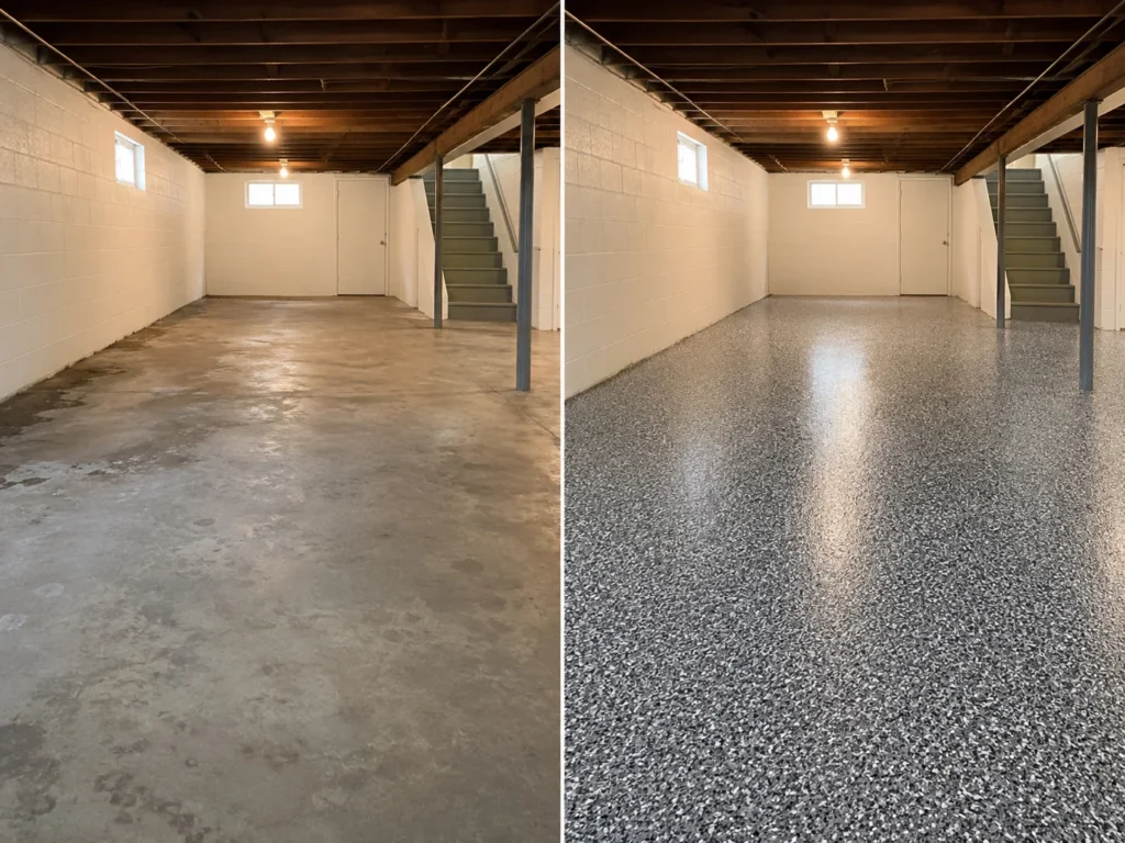 Solon basement with a charcoal black white and light gray decorative flake epoxy floor coating