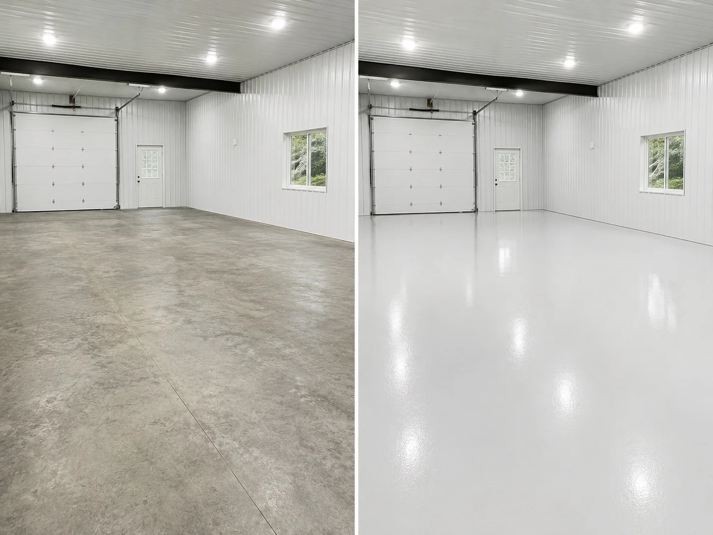 Large Eastern Iowa post-frame style building before and after a bright white gloss floor coating