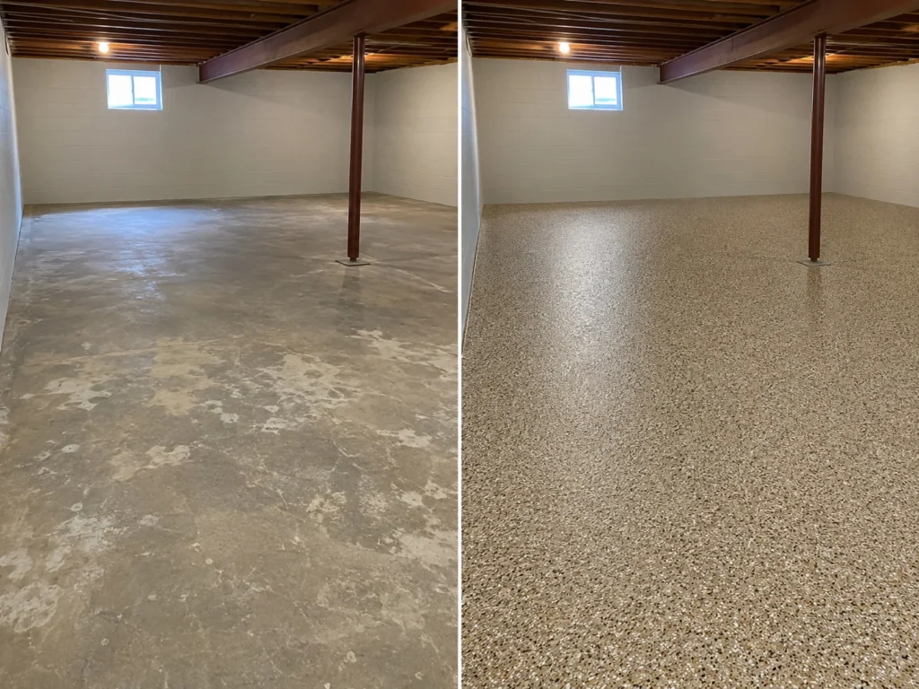 Basement epoxy floor coating with tan cream brown flake finish before and after in Swisher, IA
