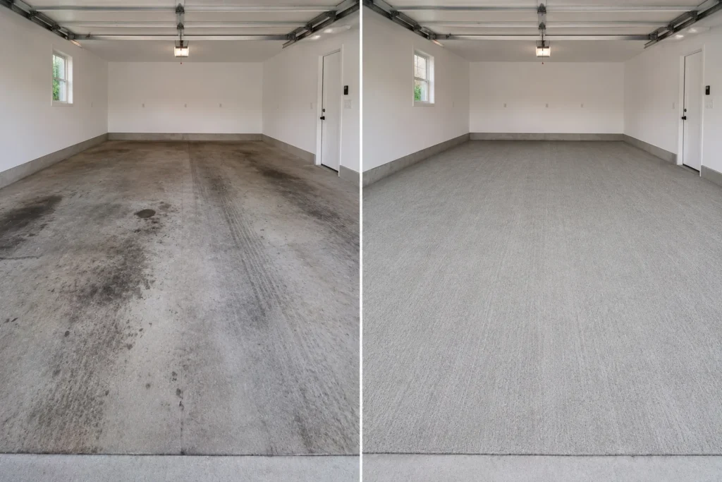 Tiffin garage concrete before and after diamond grinding preparation for a floor coating