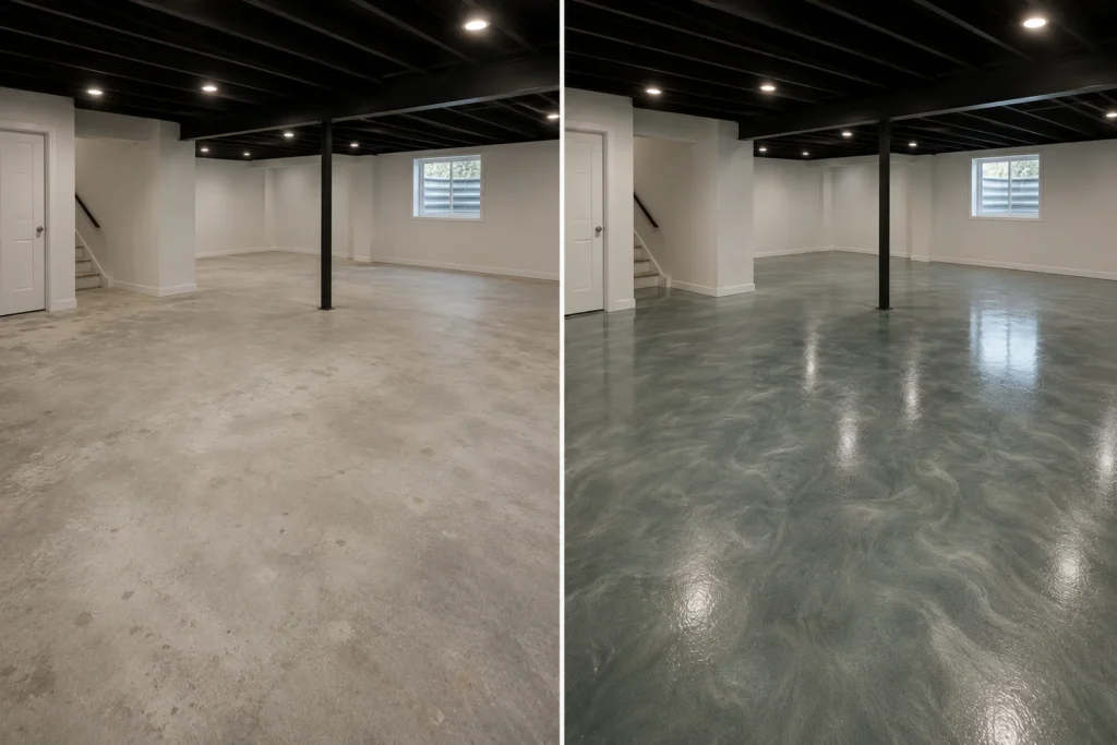 Basement epoxy floor coating with green gray metallic finish before and after in Tiffin, IA