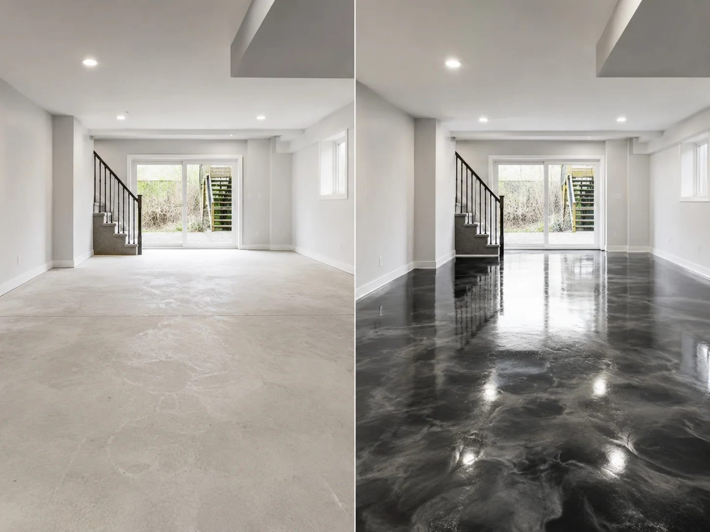 Black metallic basement epoxy floor coating example for Waterloo Iowa