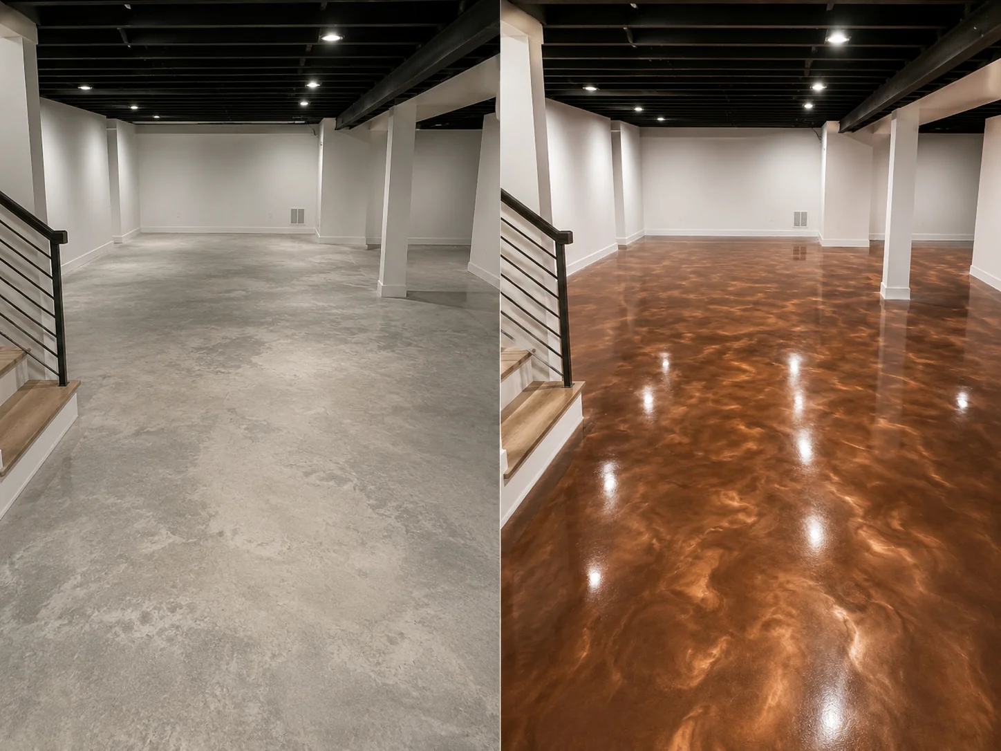 Copper bronze metallic basement epoxy floor coating in Waterloo Iowa