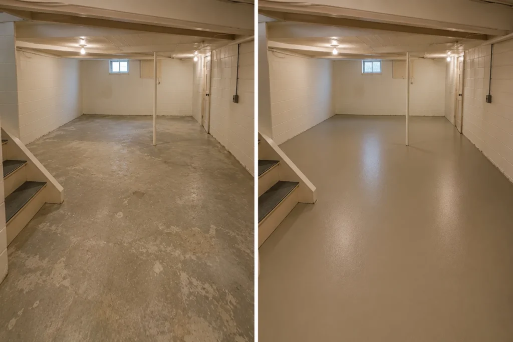 Greige basement floor coating before and after in Waverly Iowa