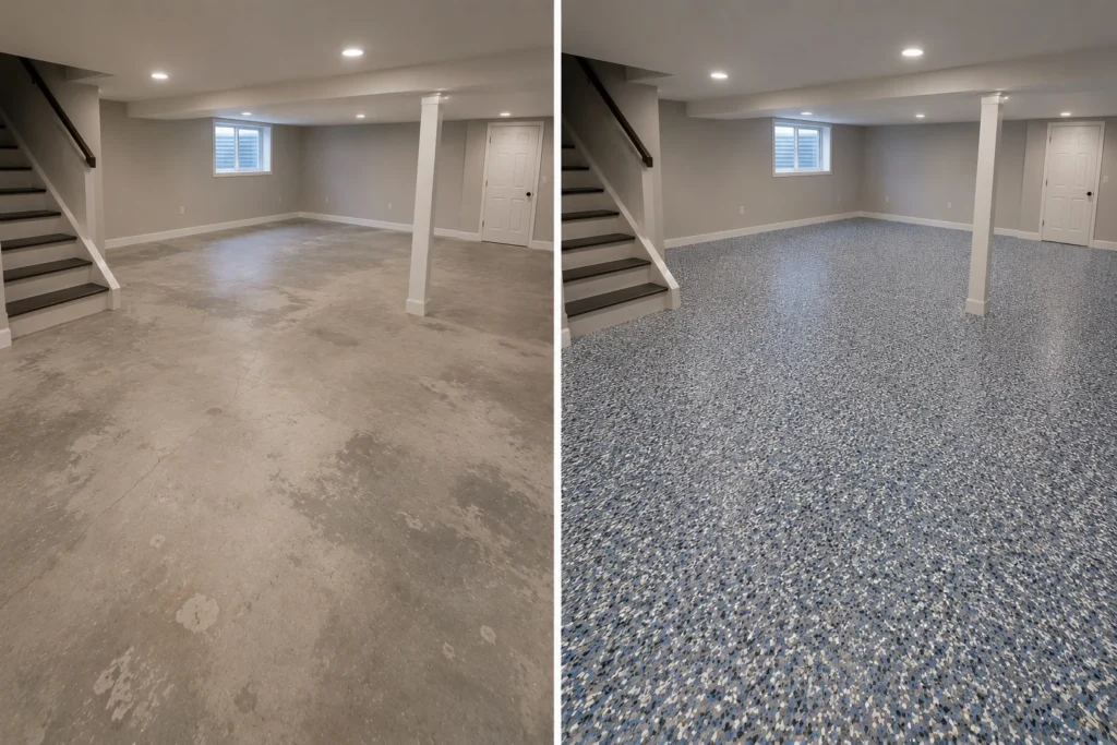 Blue and White Flake Basement Floor Coating Before and After in West Branch, Iowa