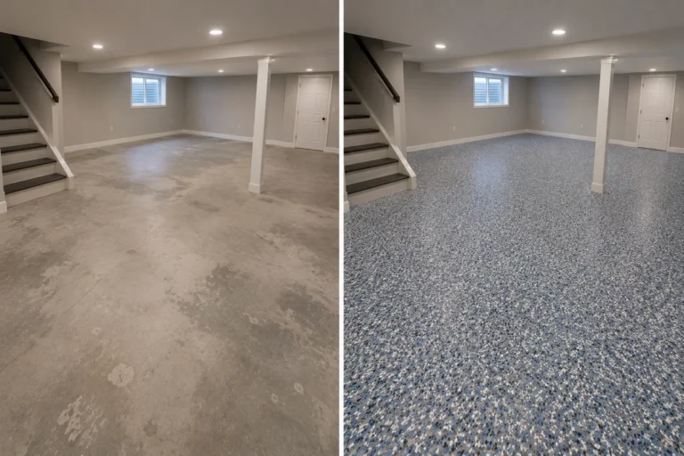 Blue and White Flake Basement Floor Coating Before and After in West Branch, Iowa