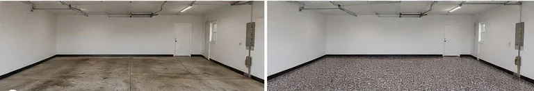 Decorative flake garage floor coating transformation example for West Branch Iowa